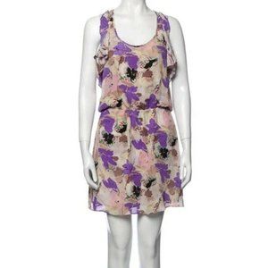Parker Silk Ruffle Racerback Abstract Floral Mini Dress in Sangria Sz Large New